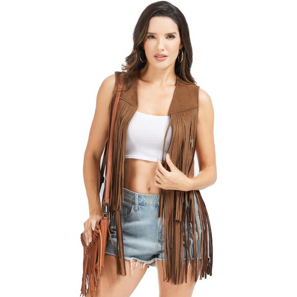 🆕Women Brown Faux Suede Western Sleeveless 70s Cowgirl Hippie Outfits - Picture 4 of 8